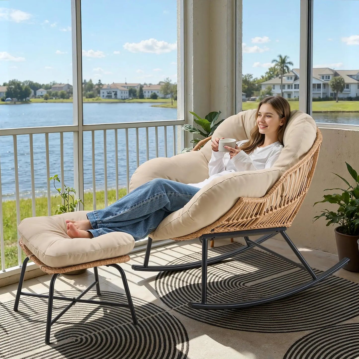 Onbrill Oversized Wicker Rattan Papasan Rocking Chair