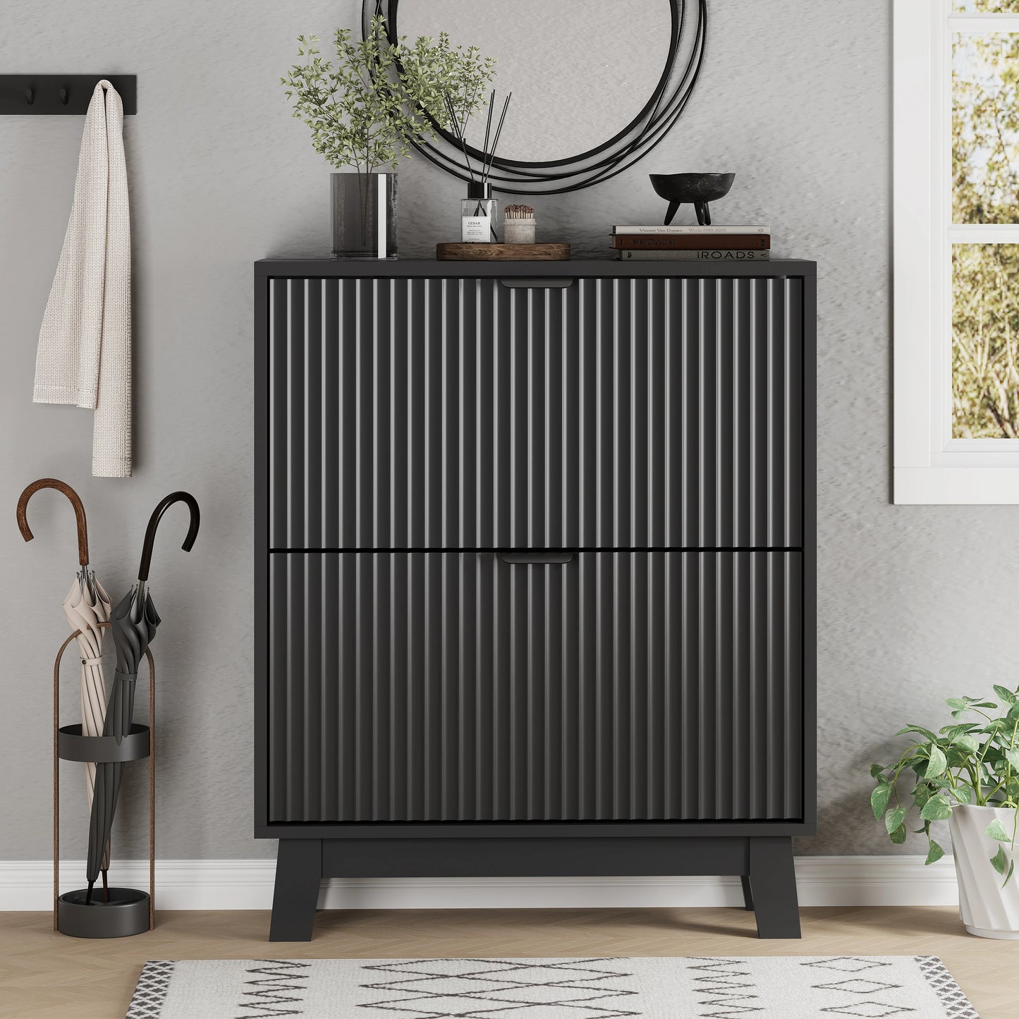 Modern Narrow Wooden Shoe Cabinet Two Flip Drawers Entryway Organizer