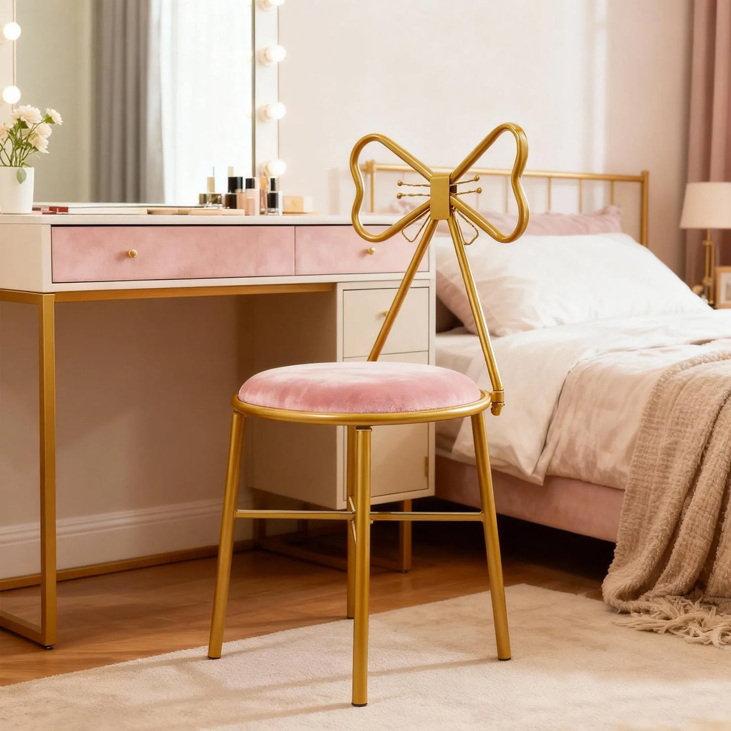 Butterfly Back Vanity Stool Flannelette Makeup Chair Backrest Bedroom