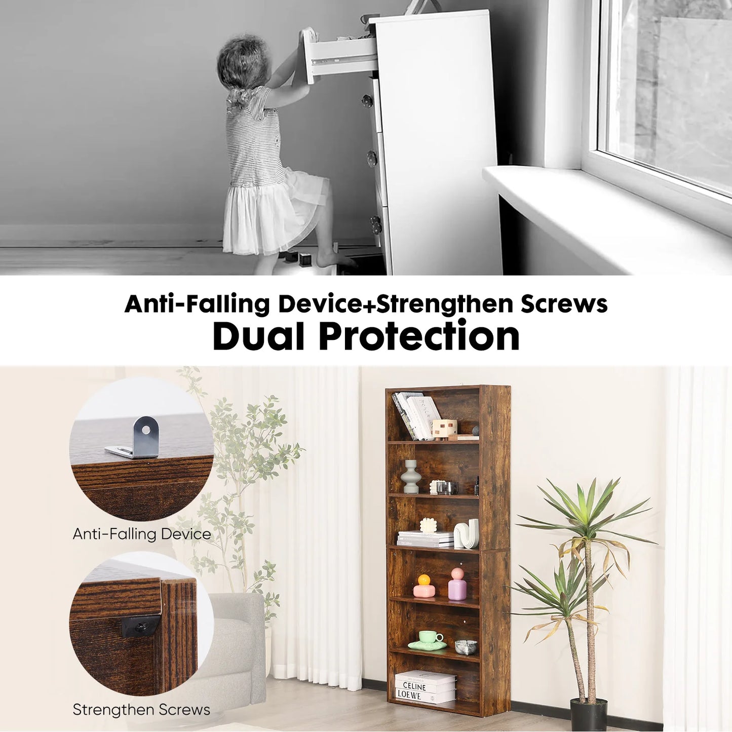 JHK Modern Wooden Bookcase Storage For Living Room Home Office