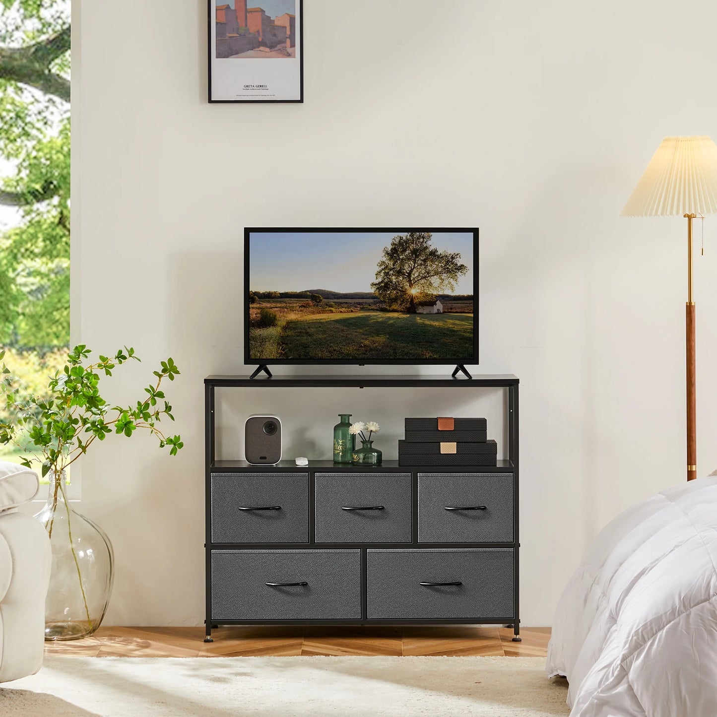 Jhk Modern TV Stand Dresser With Five Fabric Drawers And Storage