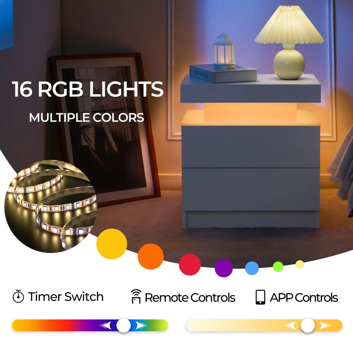 Cubehom Set Of 2 Modern Led Nightstand With Drawers