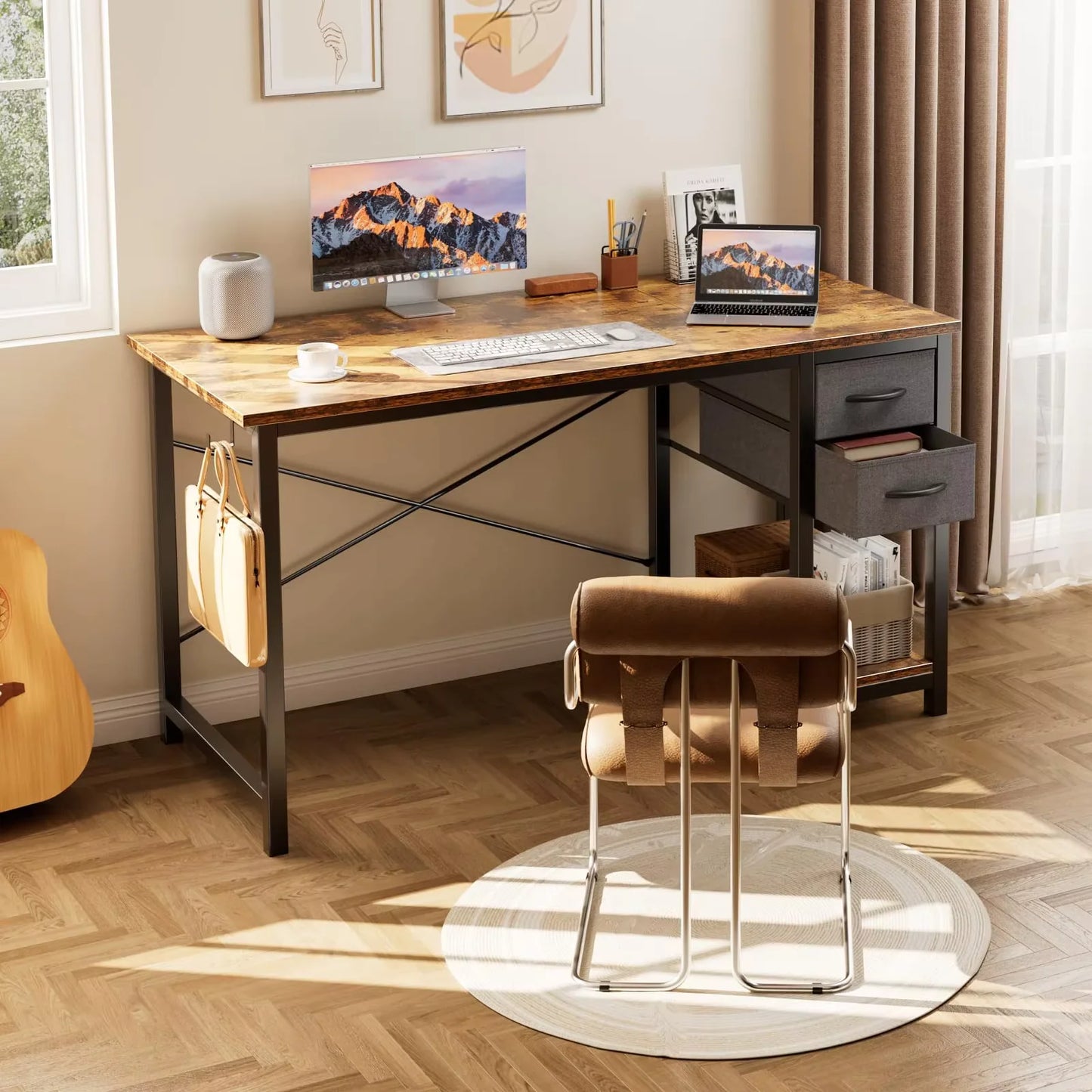 JHK Modern Wood Computer Desk With Two Adjustable Storage Drawers