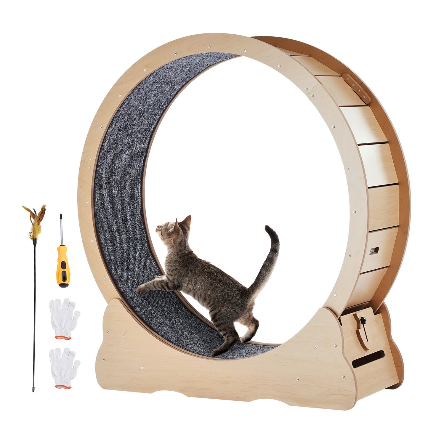 Wooden Cat Exercise Wheel Indoor Treadmill Featuring Detachable Carpet Stand