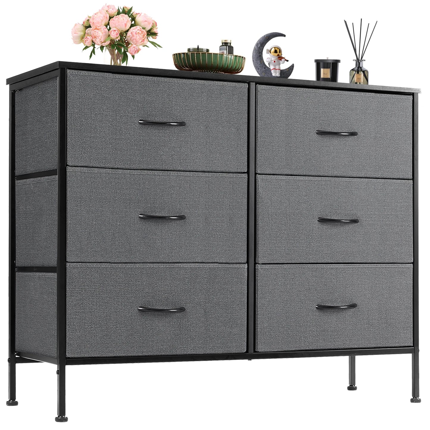 JHK 6 Fabric Drawers Nightstand Bedside Storage Table Bedroom Furniture
