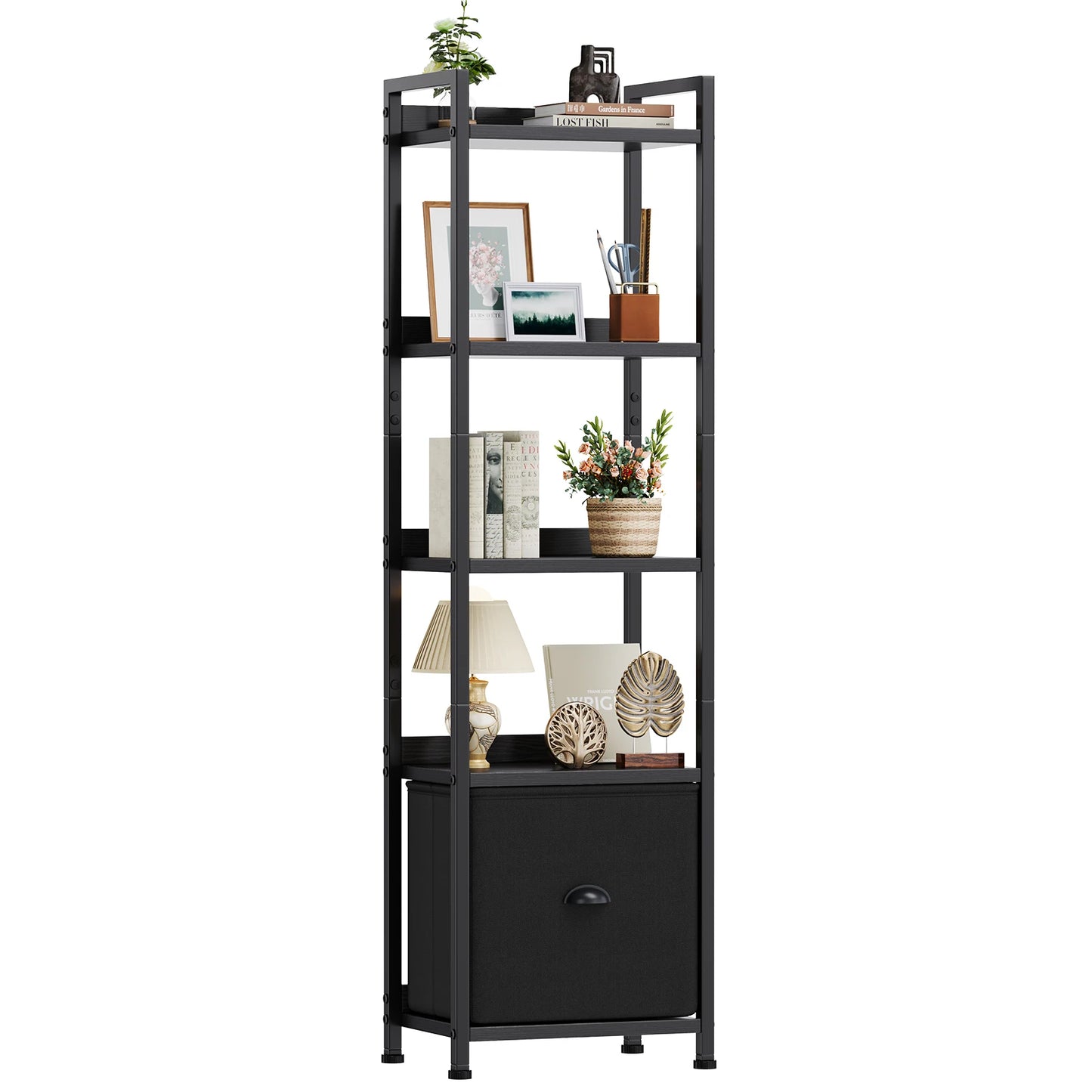 MCQ 5 Tier Bookshelf With Fabric Drawer Wood And Metal Organizer