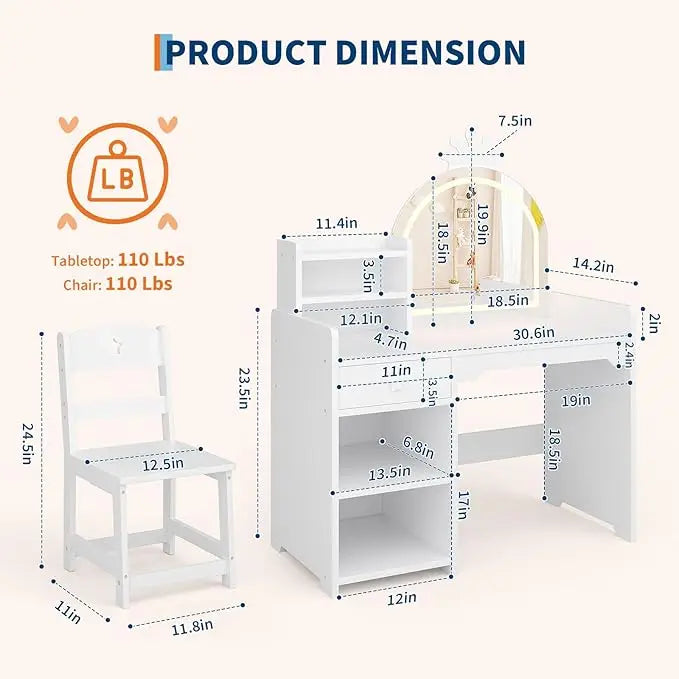 HiMiss Kids Vanity With Lights And Chair For Girls