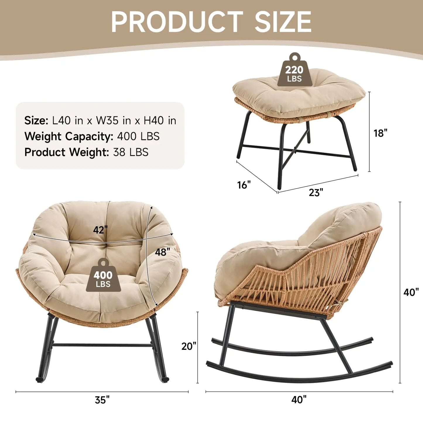 Onbrill Oversized Wicker Rattan Papasan Rocking Chair