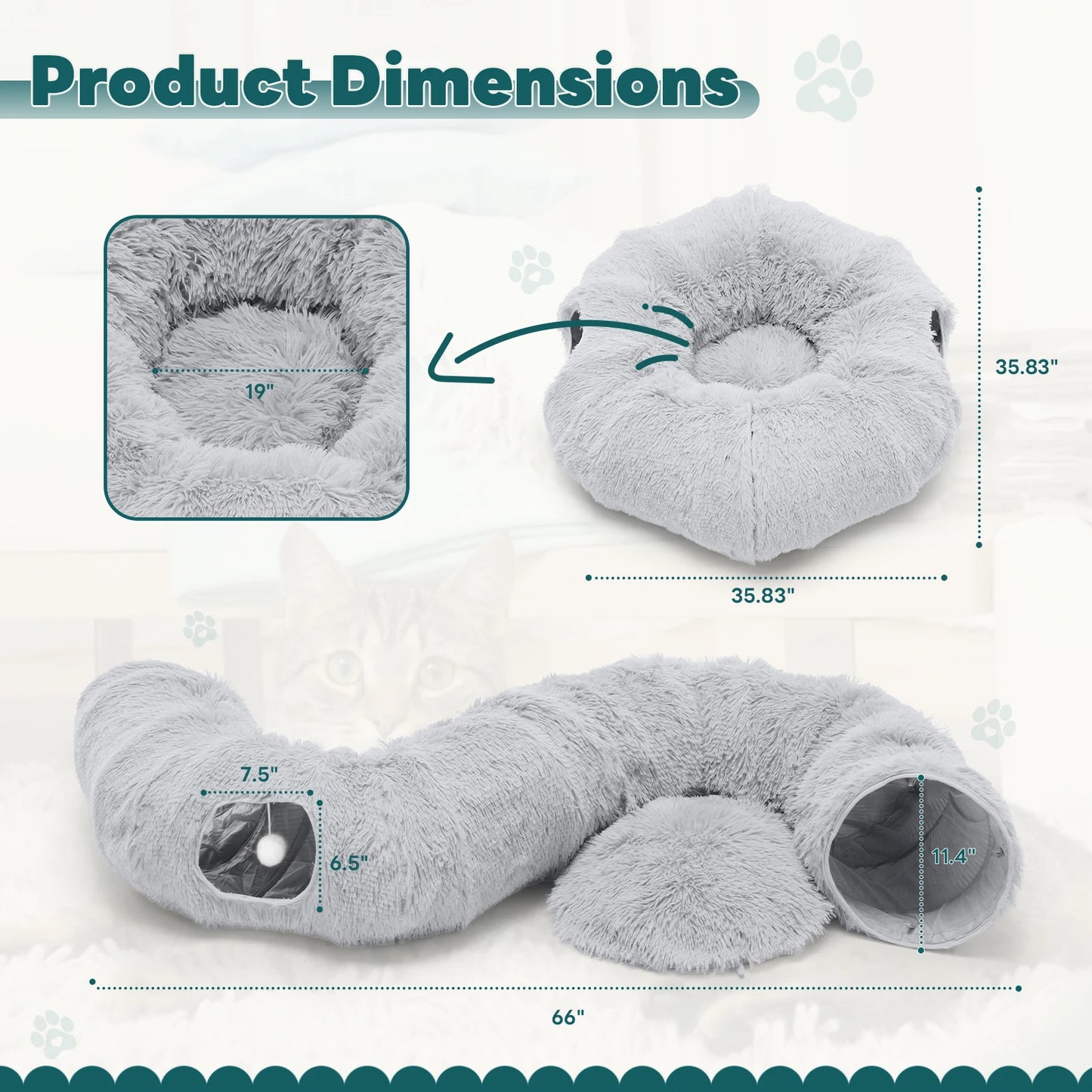 JHK Soft Plush Cat Tunnel Bed Indoor Washable Multifunctional Villa