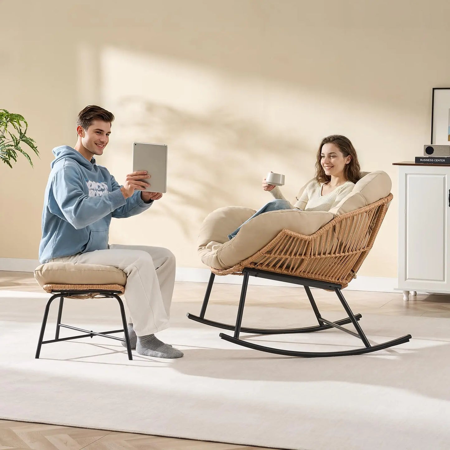 Onbrill Oversized Wicker Rattan Papasan Rocking Chair