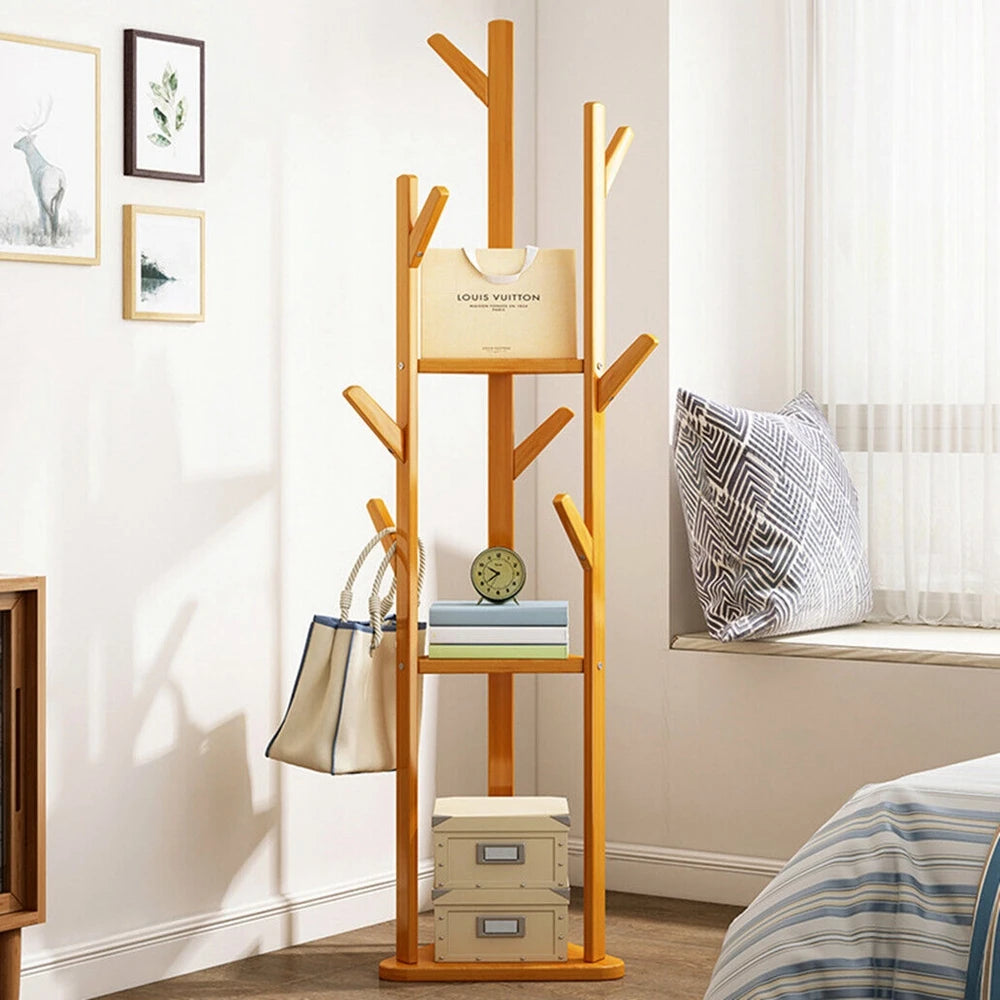 Wisfor Bamboo Corner Tree Coat Rack With Hooks And Shelves