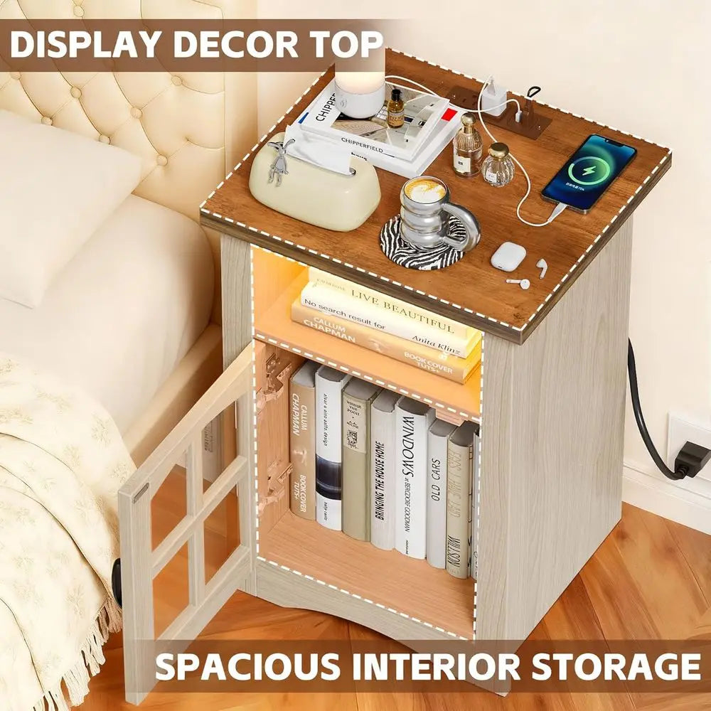 LED Shelf End Table Glass Door Charging Station Nightstand