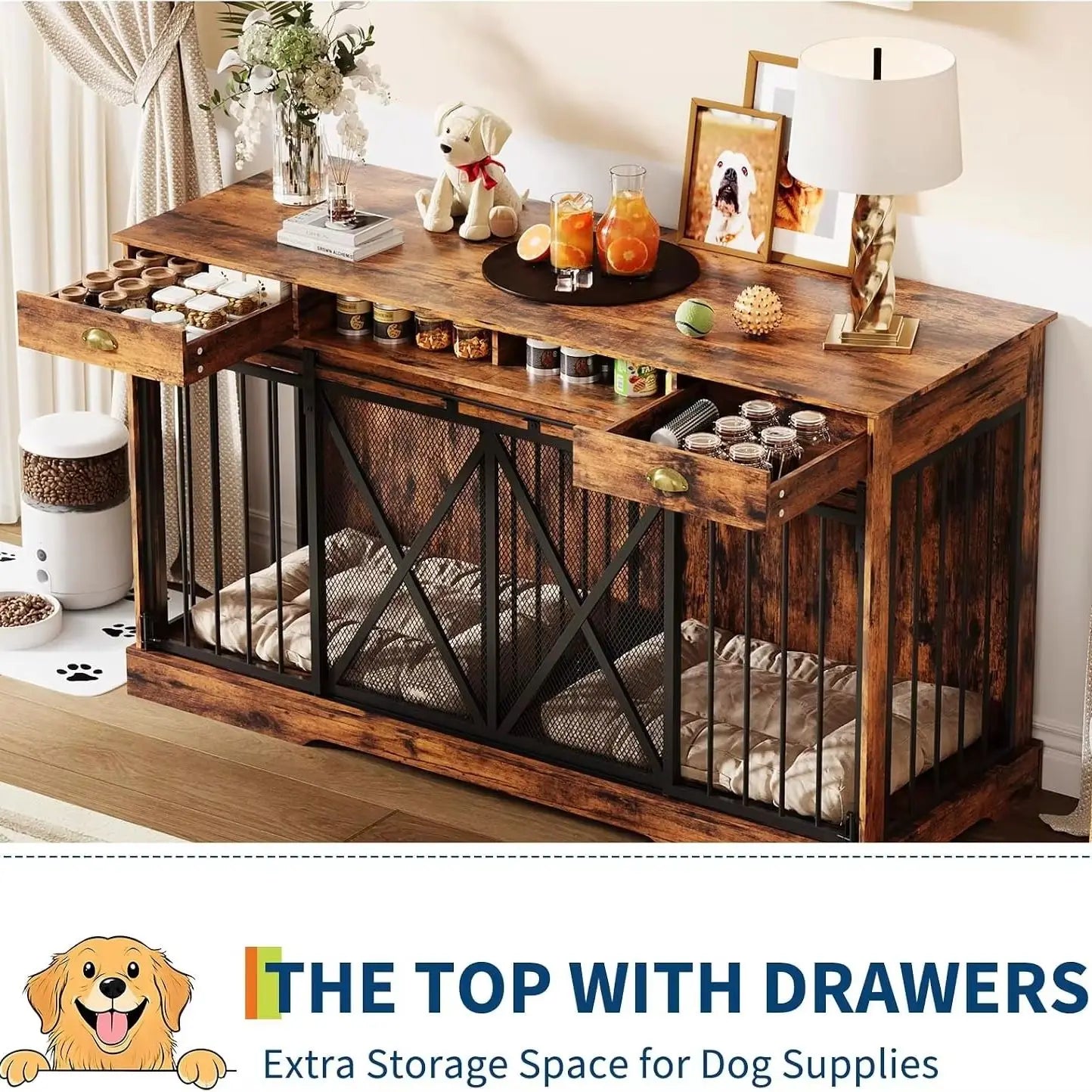 Large Wooden Double Dog Crate Furniture With Divider And Storage