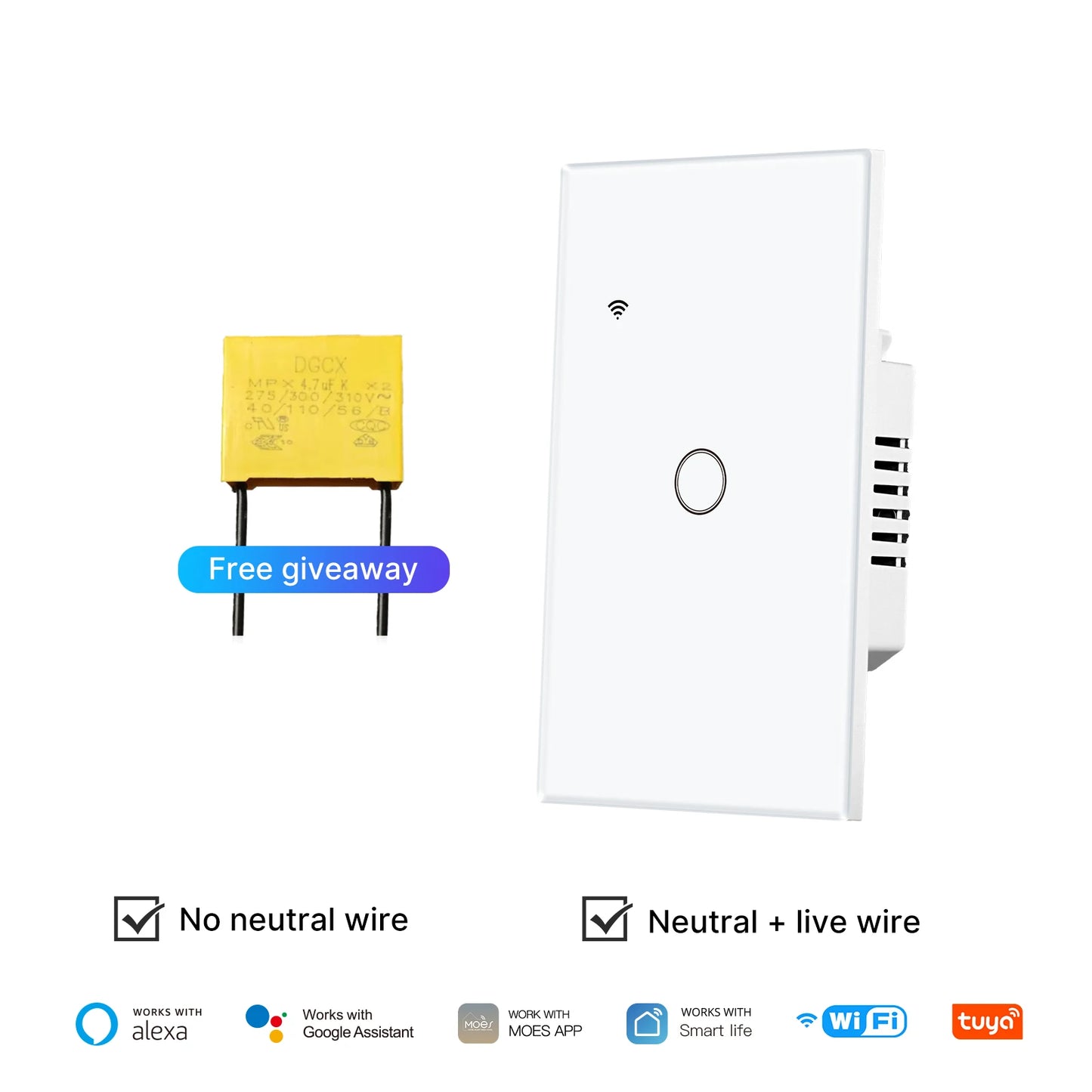 Tuya No Neutral WiFi Smart Glass Light Switch For Alexa And Google Home