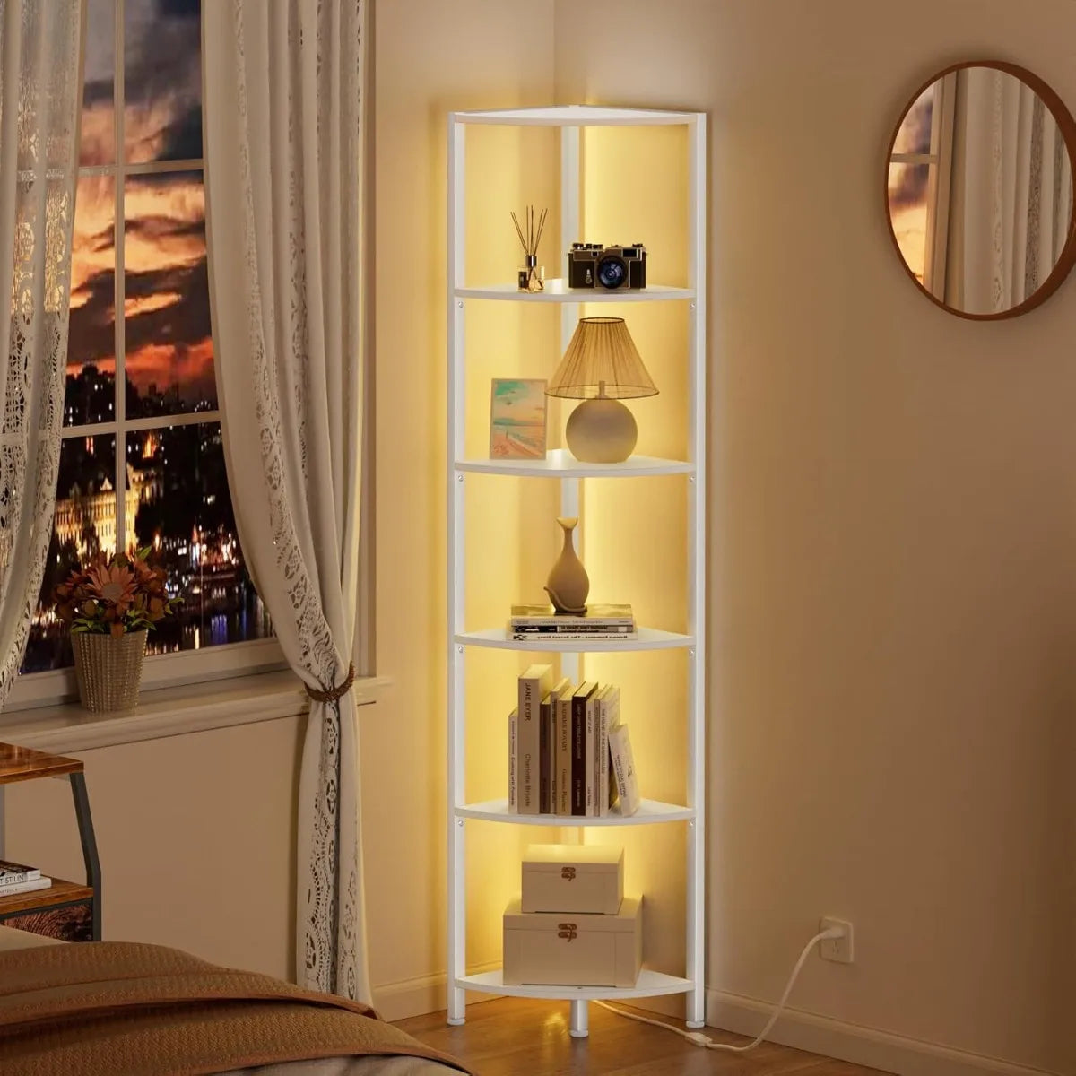 XIUWO Wooden Corner Shelf With LED Light Storage Bookshelf Organizer
