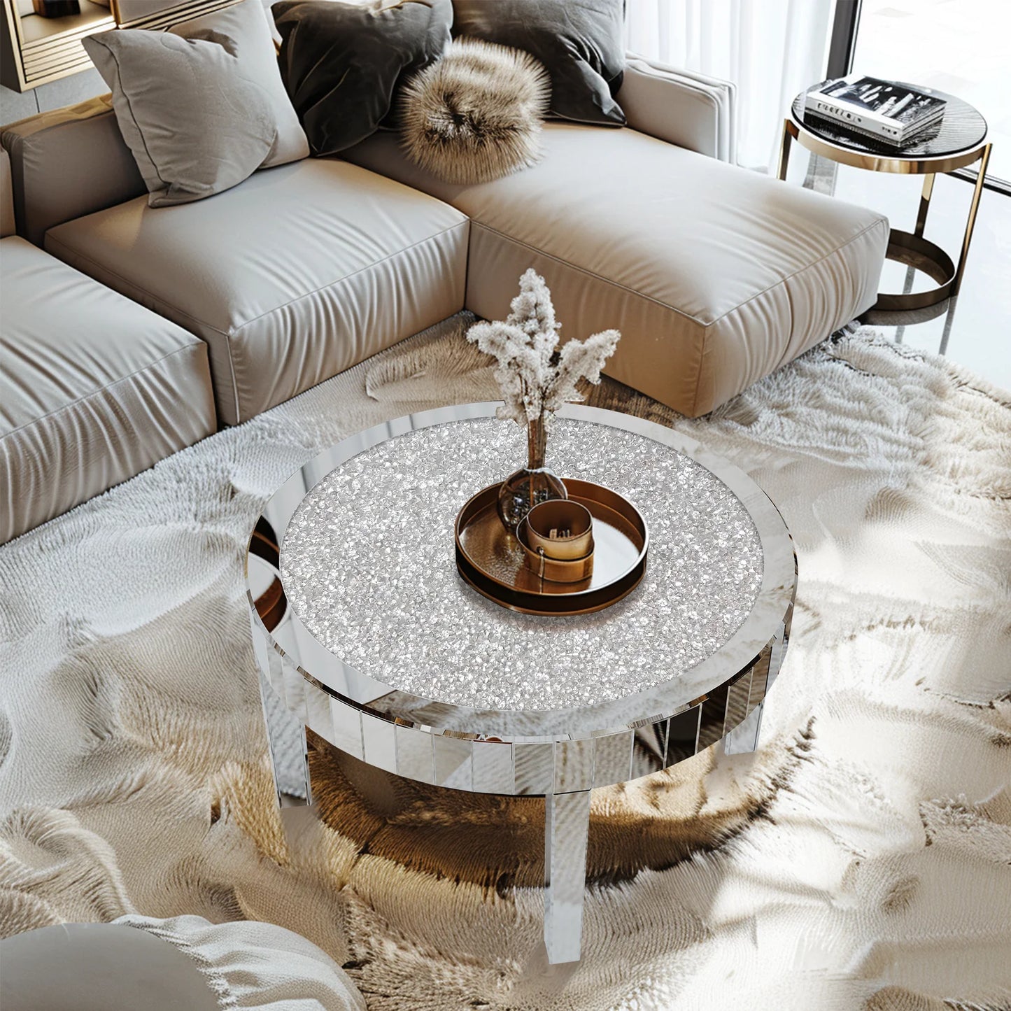 Mirrored Crystal Inlay Coffee Table Modern Round Glass Living Room