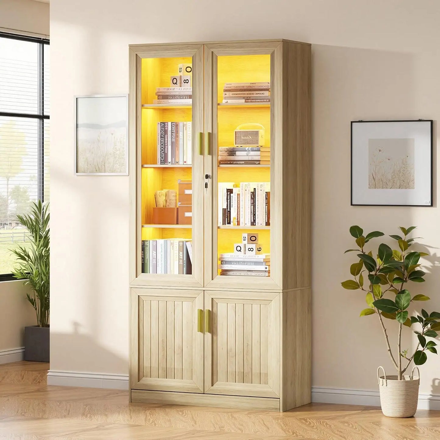 Four Tier Solid Wood Display Cabinet With Lockable Glass Doors