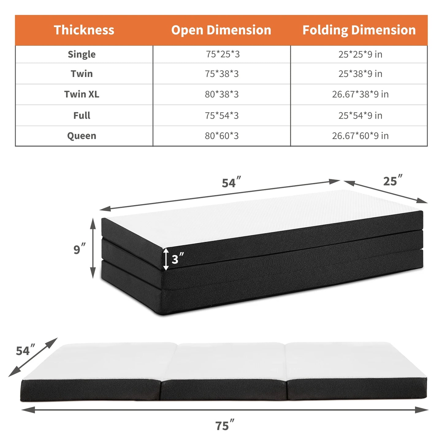 JHK Three Fold Floor Bed CertiPUR US Memory Foam Mattress