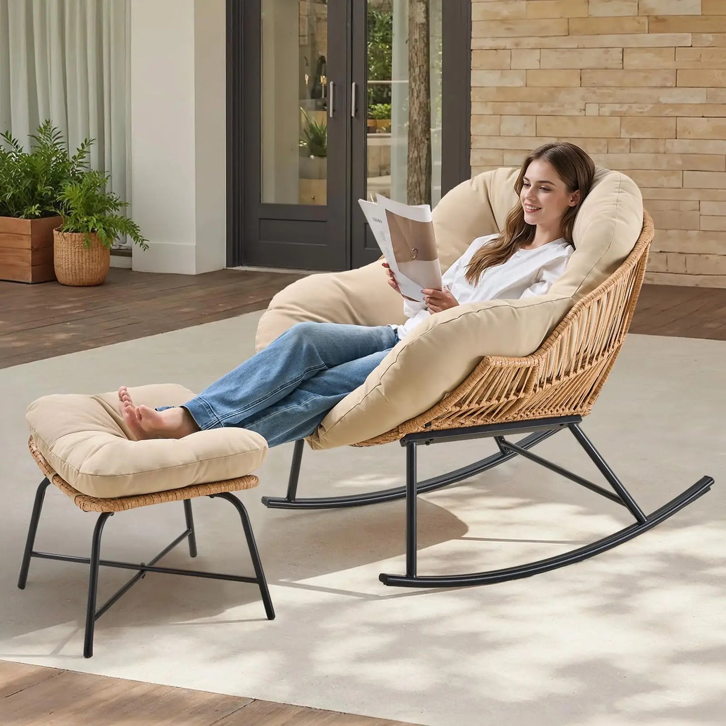 Onbrill Oversized Wicker Rattan Papasan Rocking Chair