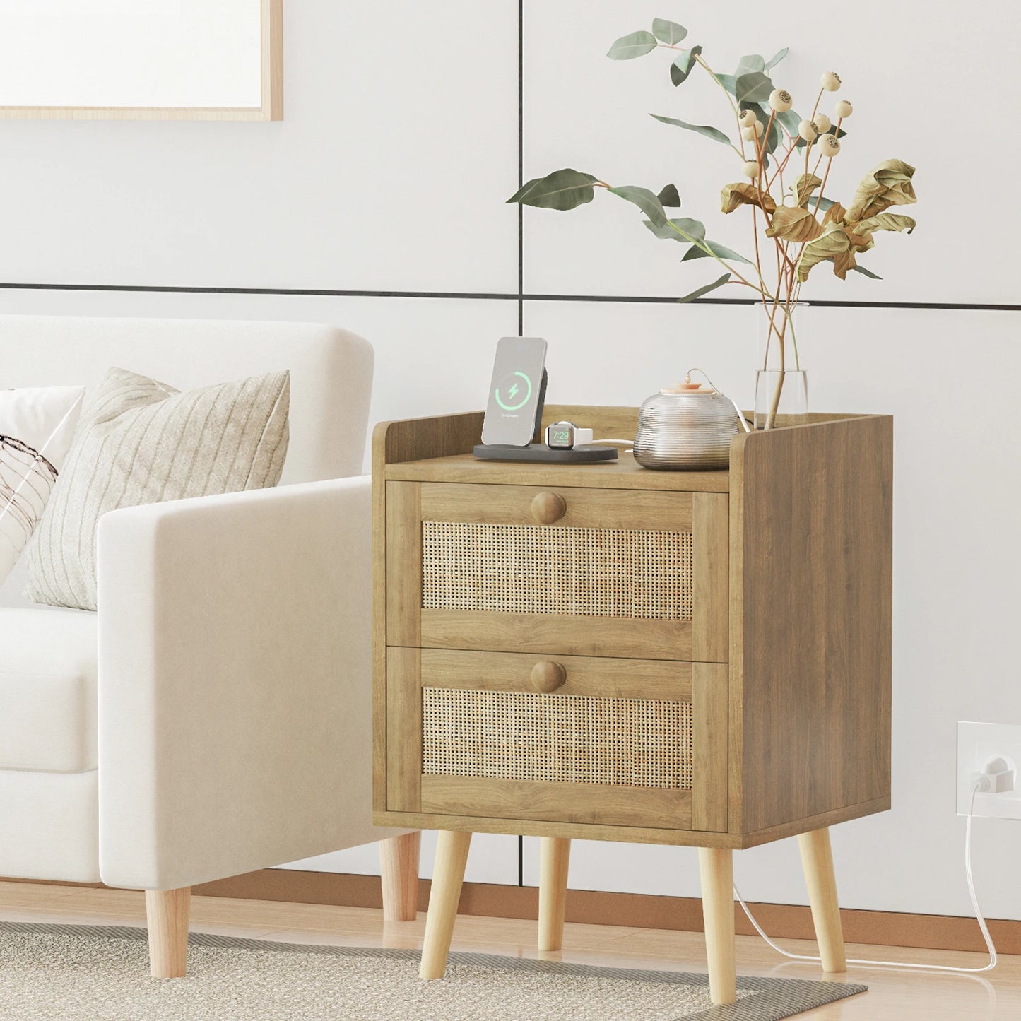 Rustic Rattan Nightstand With Charging Station And Drawers
